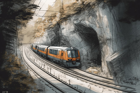隧道入口的列车素描图片