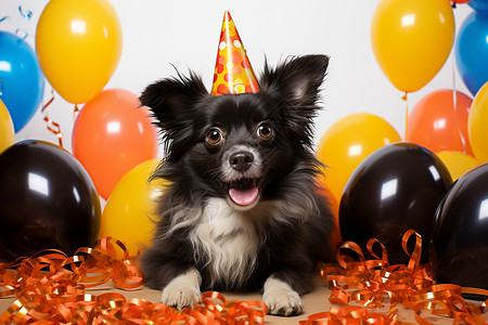 被气球包围的生日小狗图片