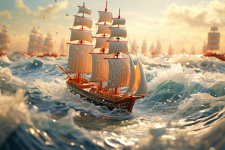 帆船模型创意立体海中航行的帆船插画