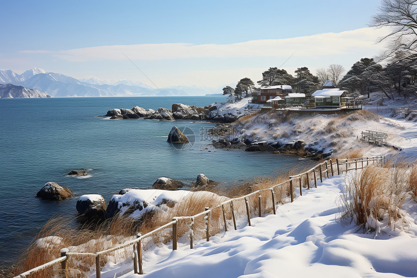 大雪覆盖的海边公园图片