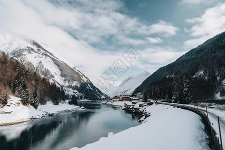 雪花飘荡的山村背景图片