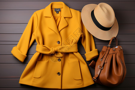 女士太阳帽寒冬中的优雅黄色风衣背景
