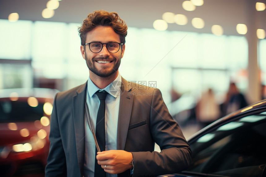汽车销售在展览厅旁站在一辆汽车旁边图片