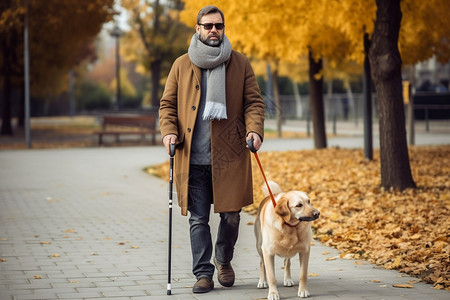 男人带着导盲犬散步背景图片