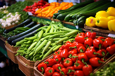 菜市场上展示的新鲜蔬菜篮子高清图片