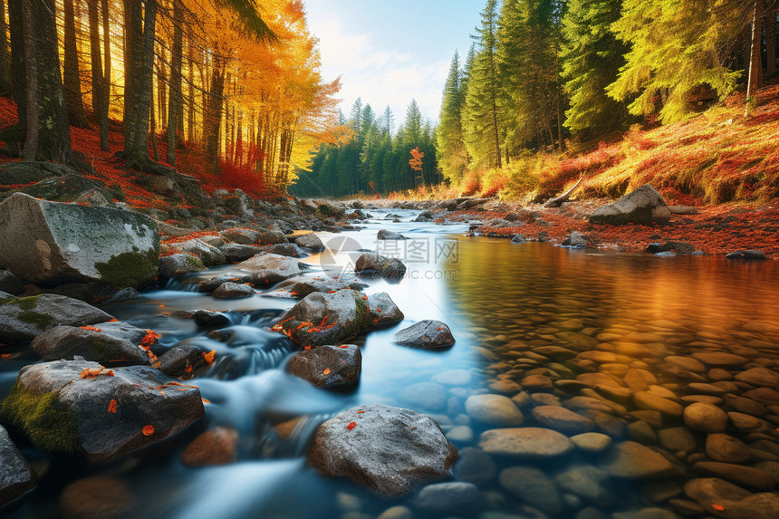 秋季清澈的山间溪流图片
