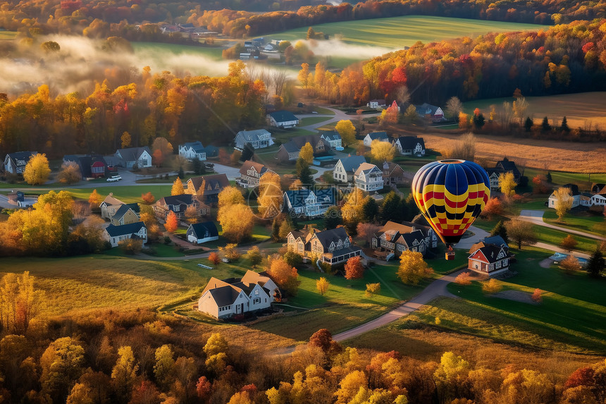 小镇空中漂浮的彩色热气球图片