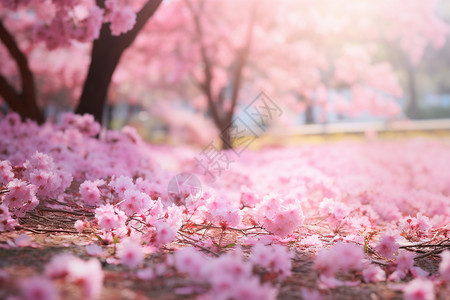 樱花落在河里晨曦中的樱花花海背景