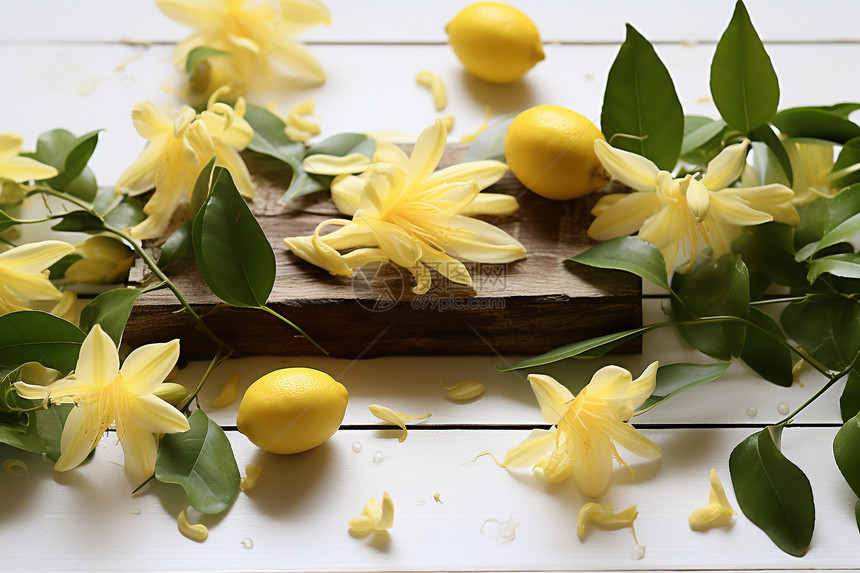 木板上的黄色花朵图片
