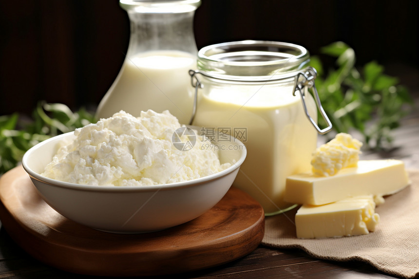 桌子上的牛奶和黄油图片