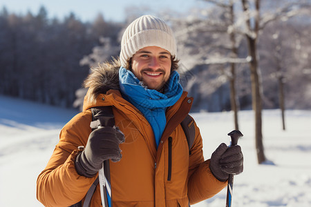 冬日林间滑雪的男人背景图片