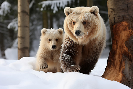 棕熊母子雪地里的熊母子背景