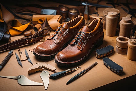 鞋子制作素材一双手工棕色鞋艺背景