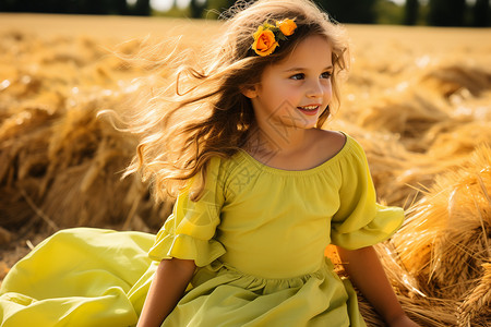 小女孩在农村草地上微笑着图片