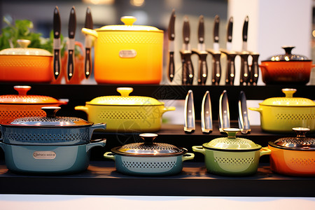 摆放餐具厨房的工具和锅碗瓢盆的摆放背景