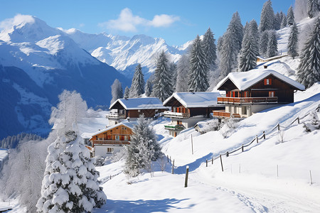 树林木屋冬日的雪山乡村背景