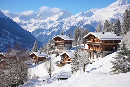 树林木屋冬日雪景中的木屋与松树背景