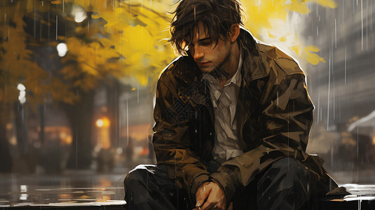 户外坐着下雨天落寞的男人插画