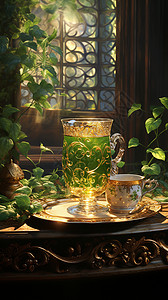 高脚植物阳光下的精致高脚茶杯背景