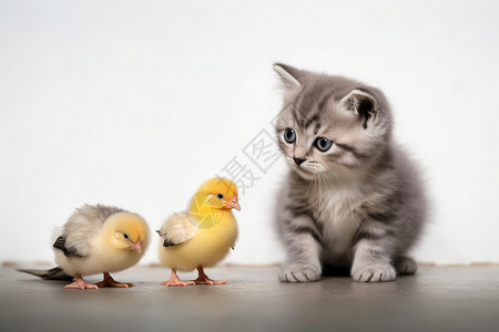 快乐的小鸟小猫和两只小鸡一同坐在地板背景
