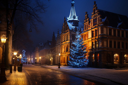 寒冬夜晚的欧洲城市背景图片