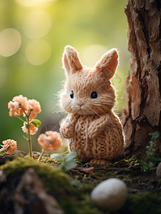 卡通小兔表情包丛林中的可爱针织小兔背景