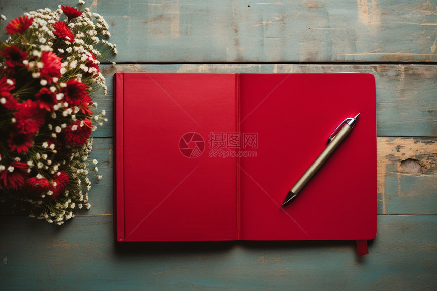花束旁的红色笔记本图片