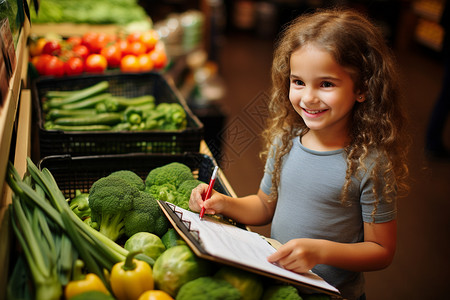 超市蔬菜区前的可爱小女孩图片
