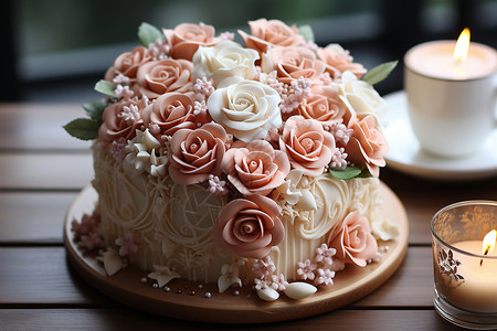 玫瑰奶油蛋糕奶油蛋糕上点缀玫瑰花背景