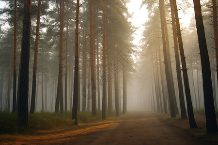 晨雾中的森林之路图片