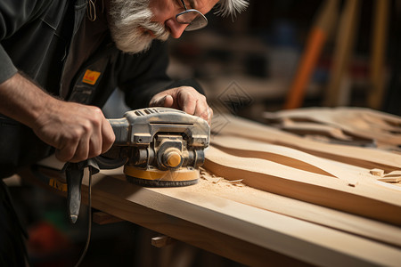木夹板木工匠使用电动工具背景