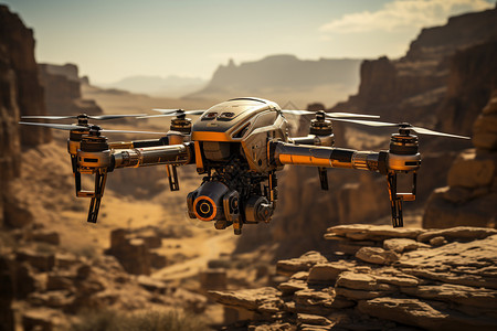 沙漠上足迹沙漠上飞行的无人机设计图片