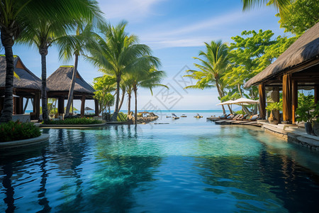热带海边泳池旁的度假酒店图片
