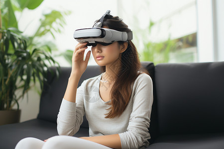 高科技室内戴着虚拟现实设备的女士背景