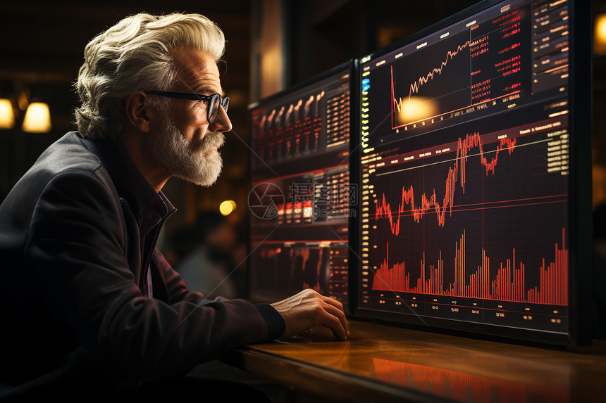 商人专注地盯着屏幕上的股票走势图片