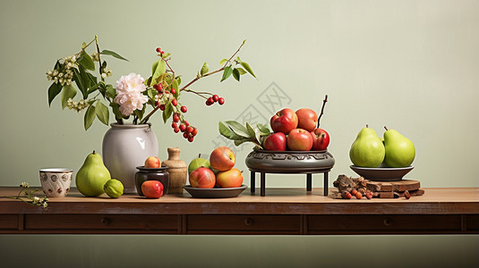 桌子上的水果花盆背景图片