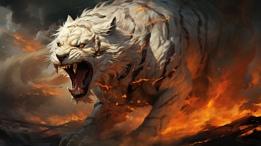 野兽动物火焰里的白虎插画