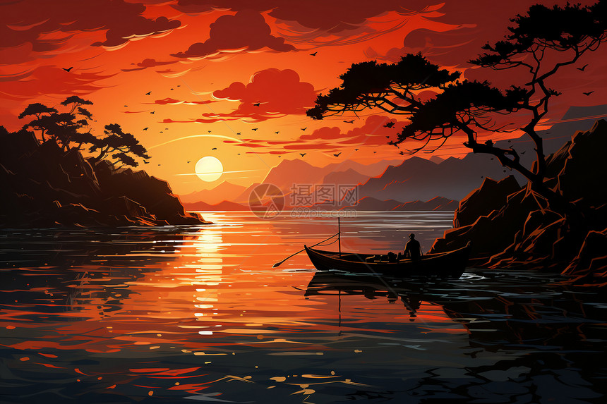 金色夕阳下的渔船与渔夫图片