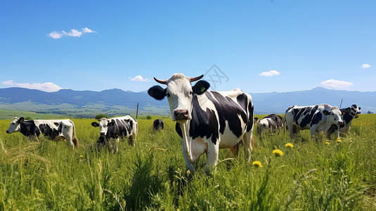 动物草地蓝天下的奶牛群背景