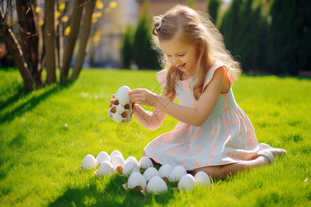 女孩草坪上玩彩蛋高清图片