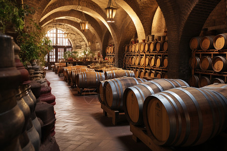 葡萄酒酒庄酒窖里的酒桶背景