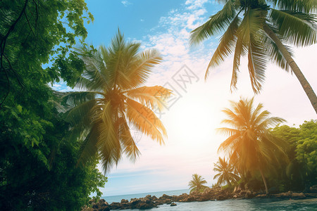 热带岛屿上的棕榈树高清图片