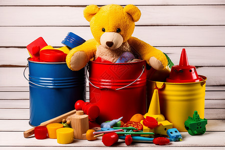 泰迪熊坐在桶中背景图片