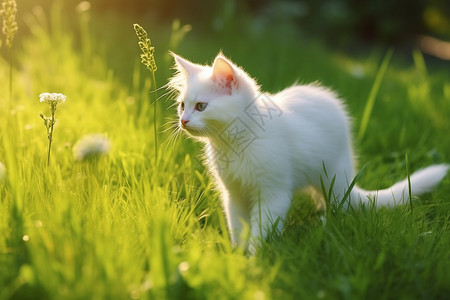 白色的小猫花草间的白色小猫背景