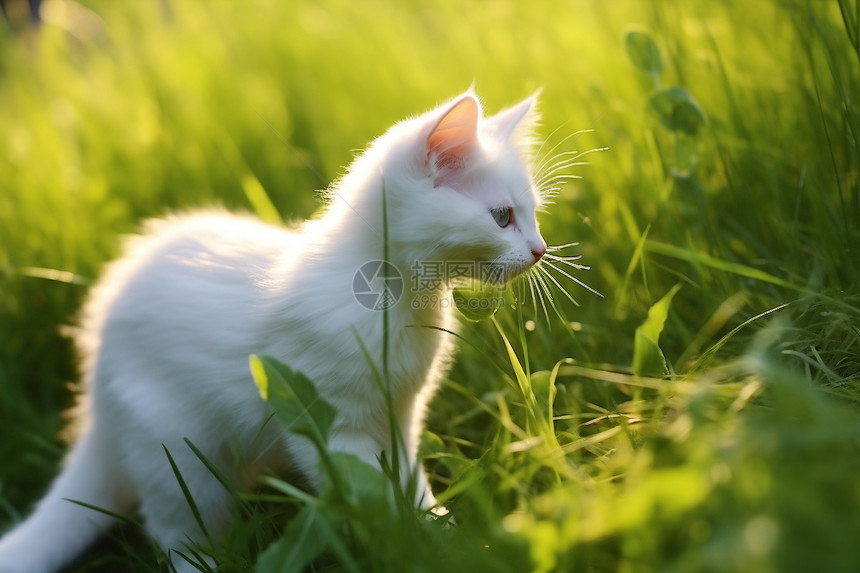 白色小猫在草地上图片