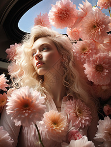 被粉色花朵围绕的女生图片