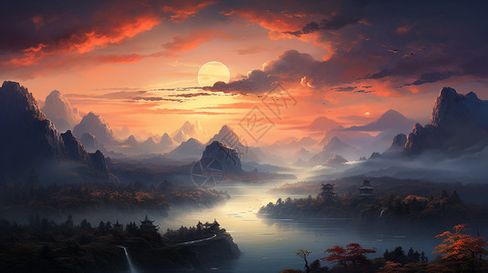 黄昏的山水景色图片