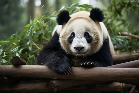 大熊猫坐在树林中背景图片
