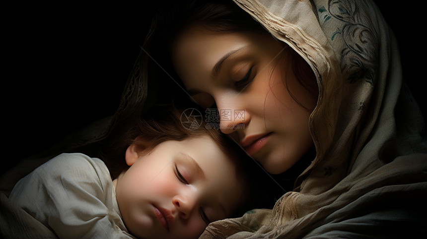 母亲抱着熟睡的外国婴儿图片