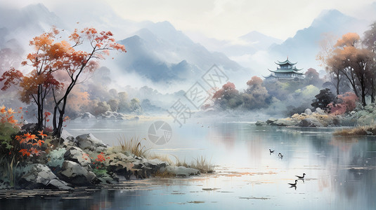 湘西风景湖光水墨画插画